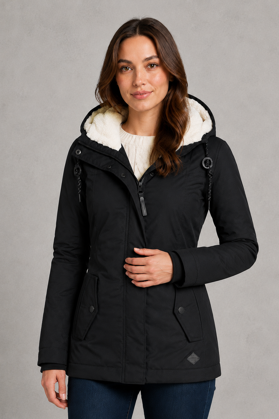 Women’s waterproof hooded longline rain coat with an adjustable hood, insulated lining, regular fit, and extended length for added weather protection.