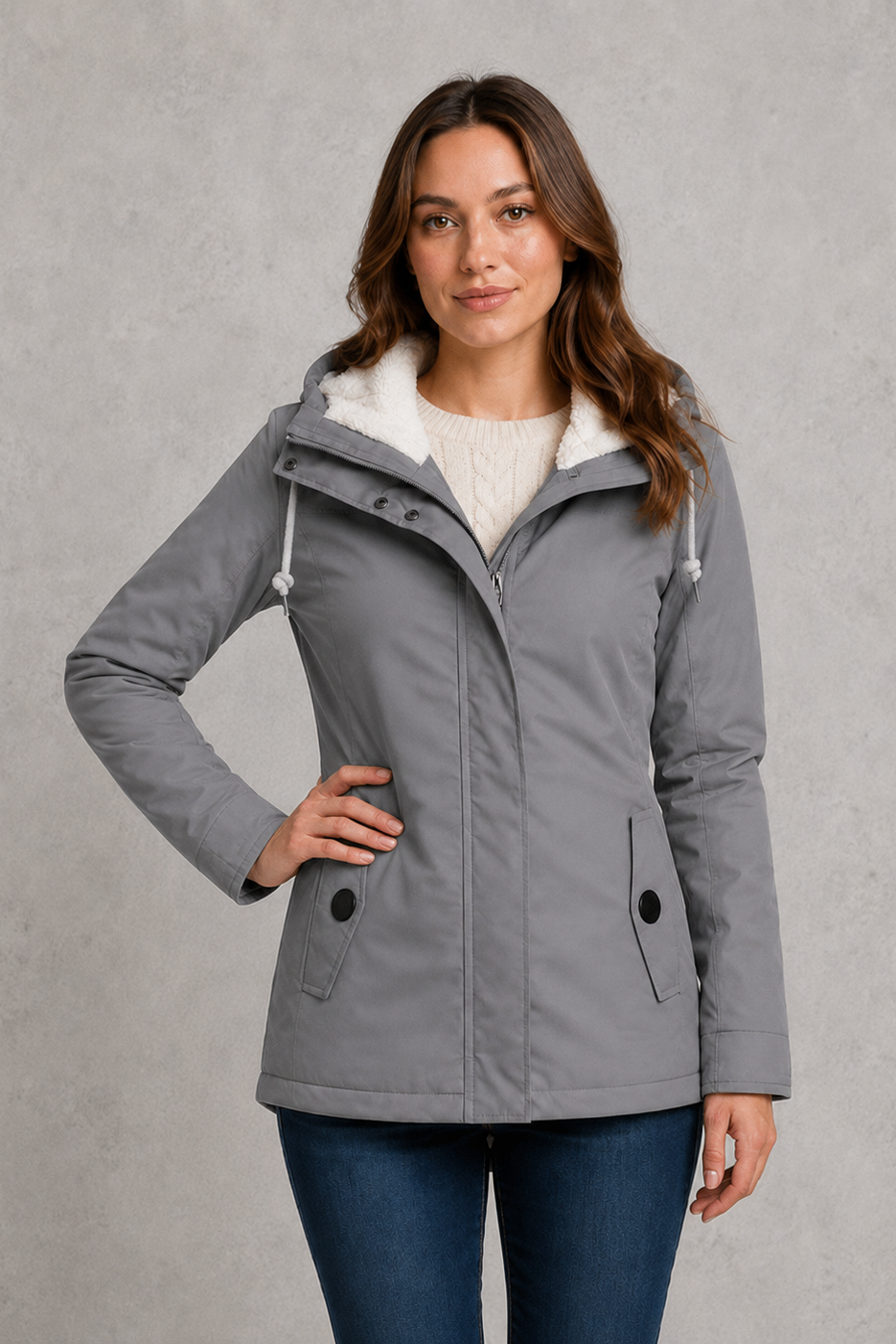 Women’s waterproof hooded longline rain coat with an adjustable hood, insulated lining, regular fit, and extended length for added weather protection.