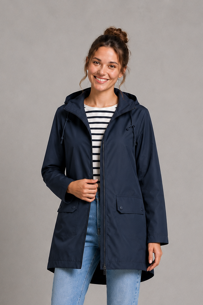 Women’s waterproof windproof hooded coat with lightweight performance fabric, an adjustable protective hood and a flattering regular-fit silhouette.