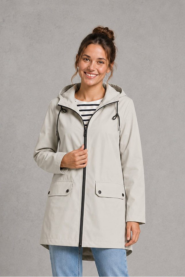 Women’s waterproof windproof hooded coat with lightweight performance fabric, an adjustable protective hood and a flattering regular-fit silhouette.