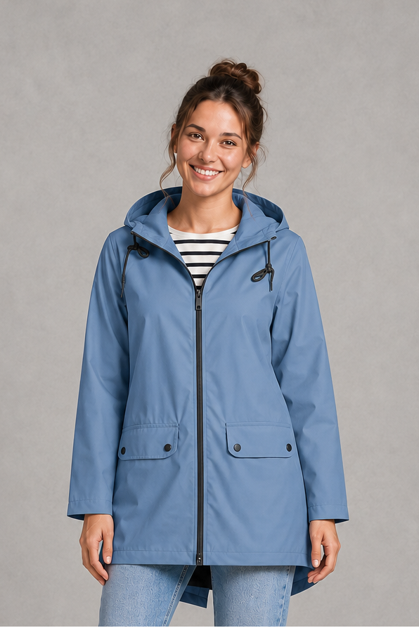 Women’s waterproof windproof hooded coat with lightweight performance fabric, an adjustable protective hood and a flattering regular-fit silhouette.