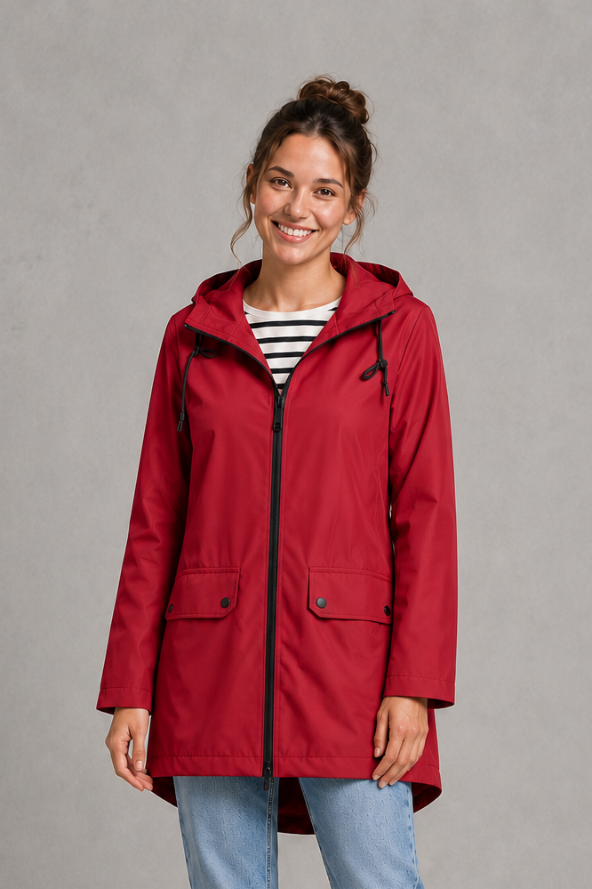 Women’s waterproof windproof hooded coat with lightweight performance fabric, an adjustable protective hood and a flattering regular-fit silhouette.