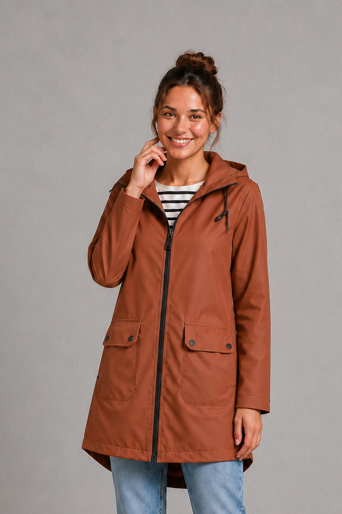 Women’s waterproof windproof hooded coat with lightweight performance fabric, an adjustable protective hood and a flattering regular-fit silhouette.