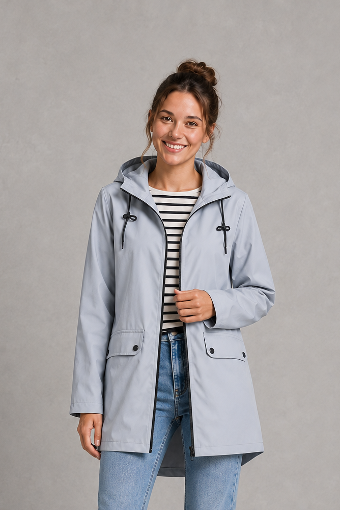 Women’s waterproof windproof hooded coat with lightweight performance fabric, an adjustable protective hood and a flattering regular-fit silhouette.