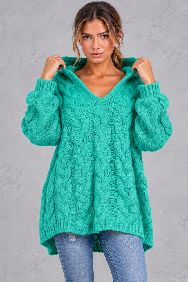 Cable knit hooded sweater in dark gray
