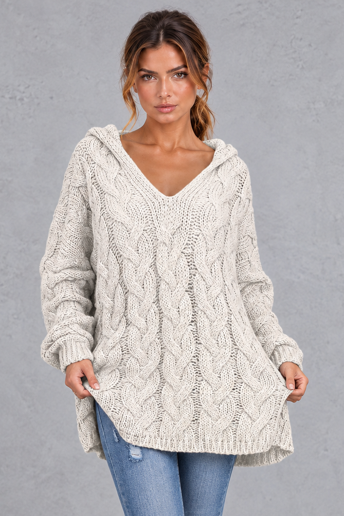 Cable knit hooded sweater in brown