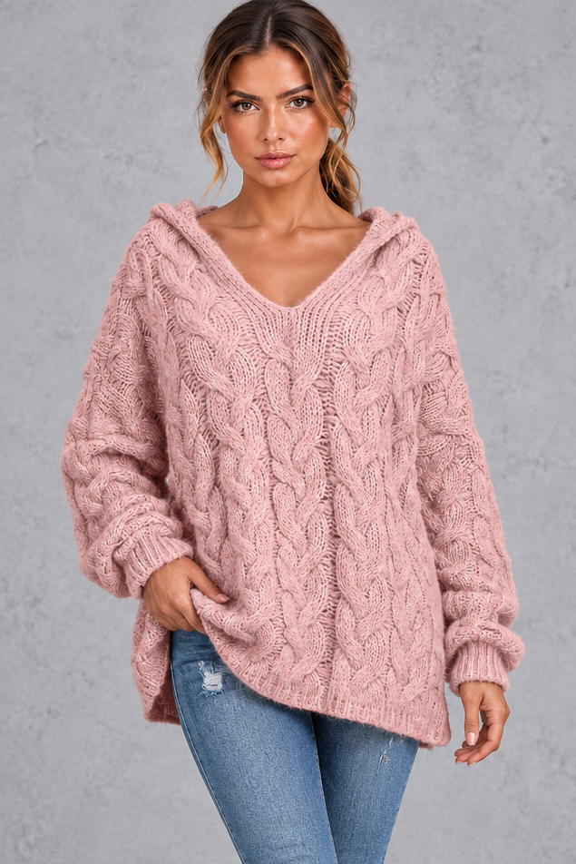 Gray multicolor cable knit hoodie sweater