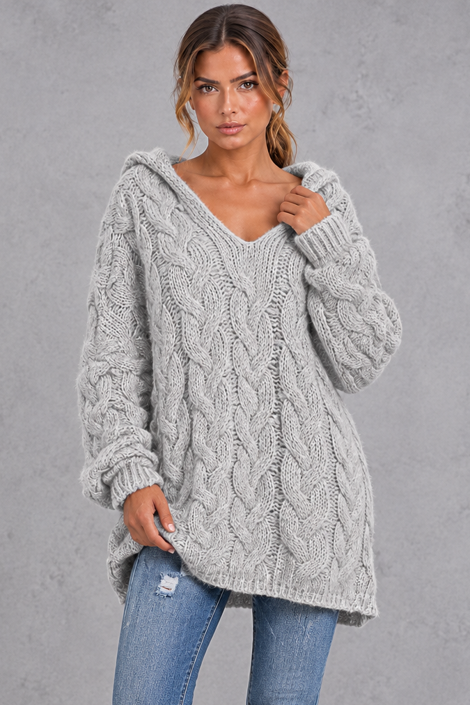 Pink multicolor cable knit hoodie sweater