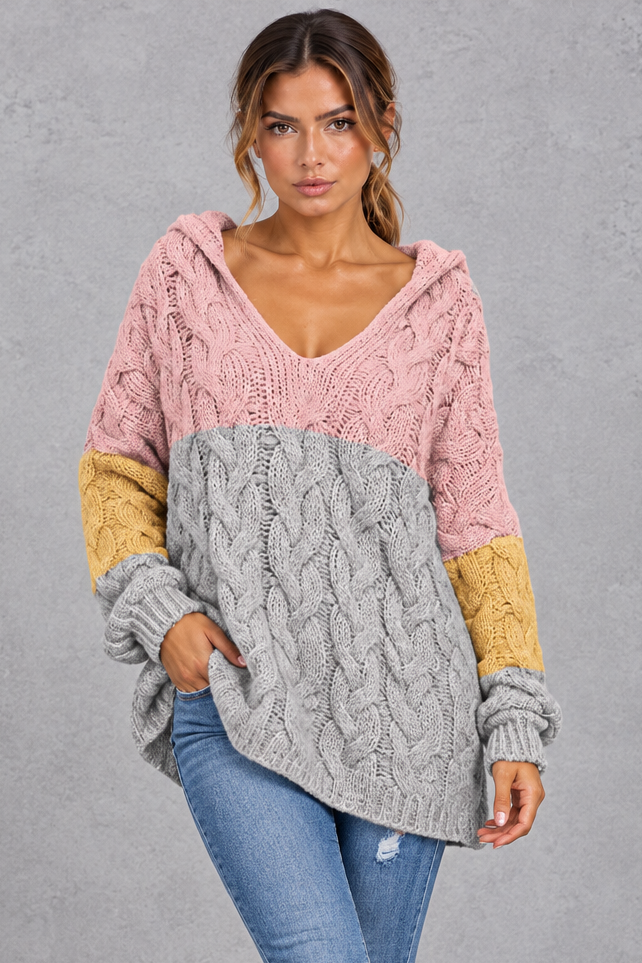 Cable knit hooded sweater in red