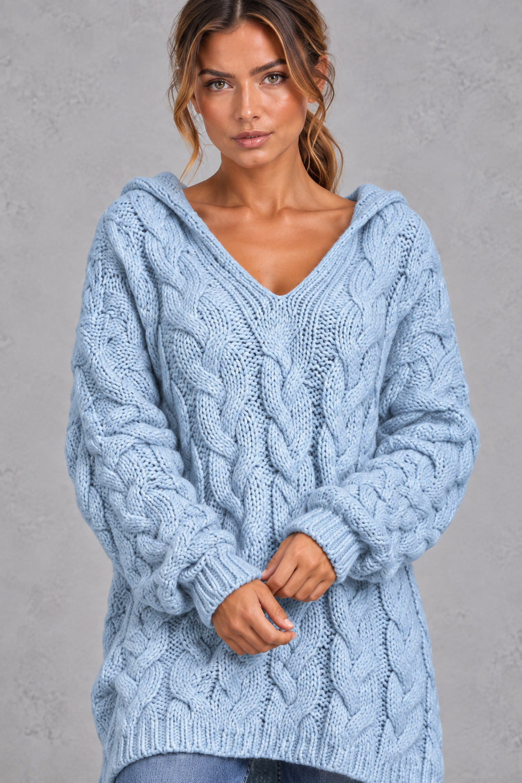 Cable knit hooded sweater in light blue
