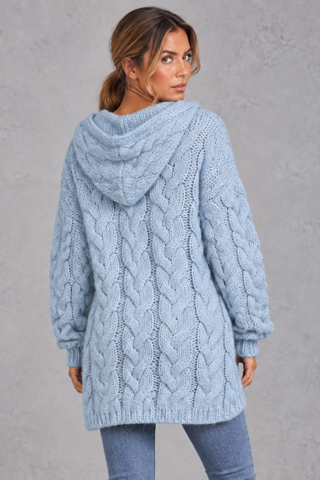 Cable knit hooded sweater in dark purple