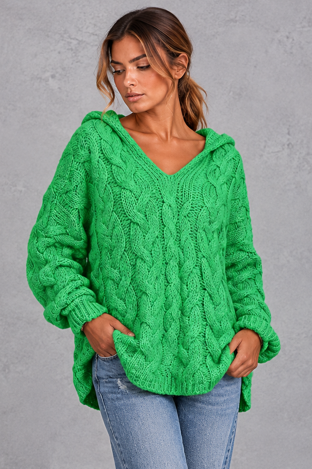 Cable knit hooded sweater in jade green