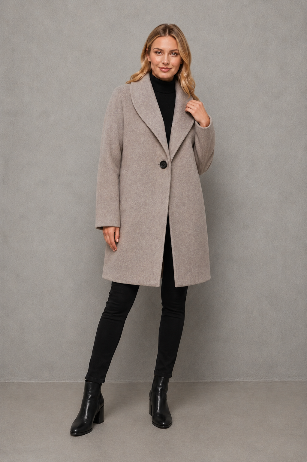 Women’s windproof winter coat with an elegant longline silhouette, relaxed fit, long sleeves, and soft lightweight fabric for comfortable layering.