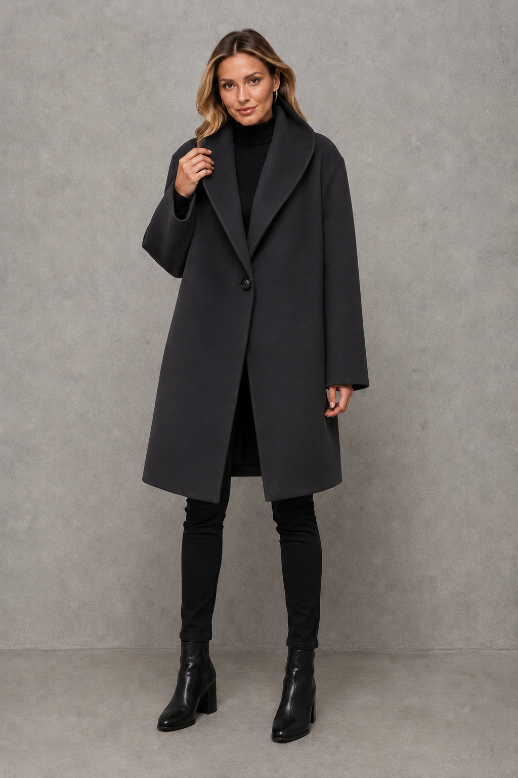 Women’s windproof winter coat with an elegant longline silhouette, relaxed fit, long sleeves, and soft lightweight fabric for comfortable layering.
