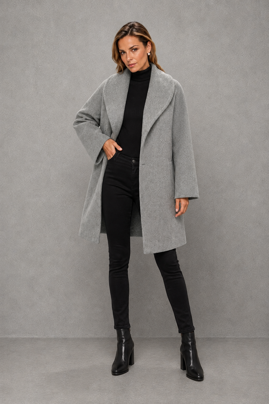 Women’s windproof winter coat with an elegant longline silhouette, relaxed fit, long sleeves, and soft lightweight fabric for comfortable layering.
