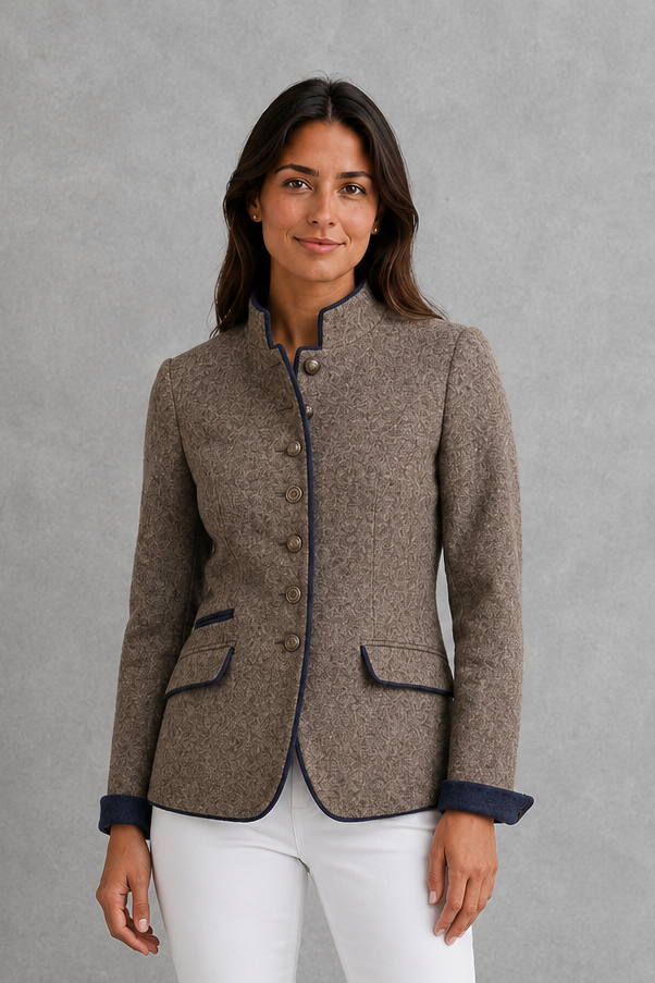 Women’s wool-blend stand collar blazer with a structured tailored silhouette, button-front closure, gentle waist definition, and refined button detailing.