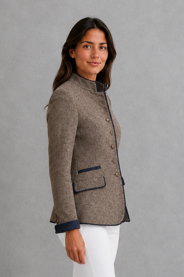 Women’s wool-blend stand collar blazer with a structured tailored silhouette, button-front closure, gentle waist definition, and refined button detailing.