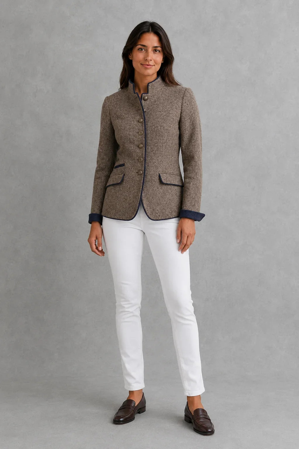 Women’s wool-blend stand collar blazer with a structured tailored silhouette, button-front closure, gentle waist definition, and refined button detailing.