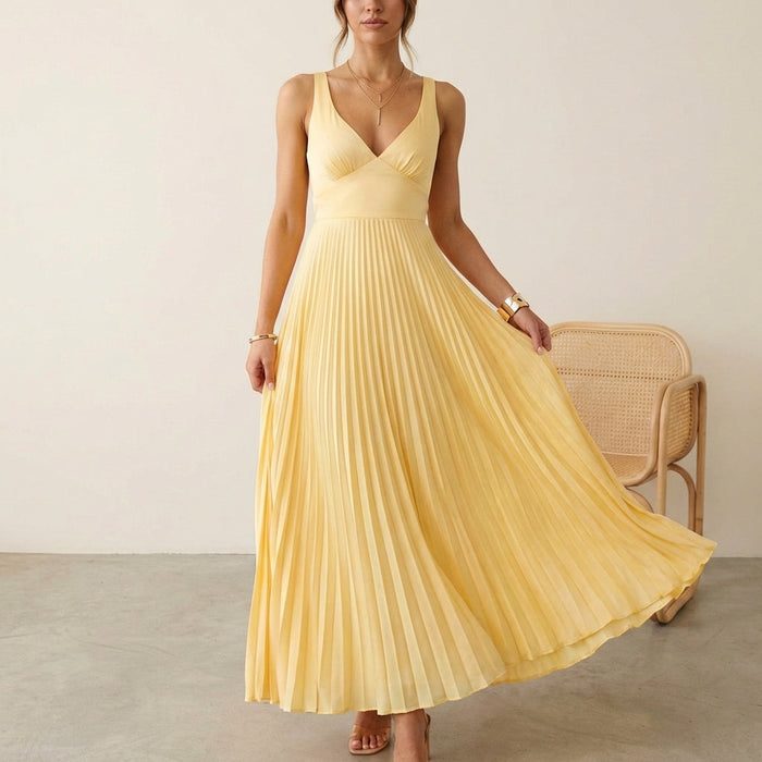 Women's satin pleated maxi dress with twist-front V-neck bodice