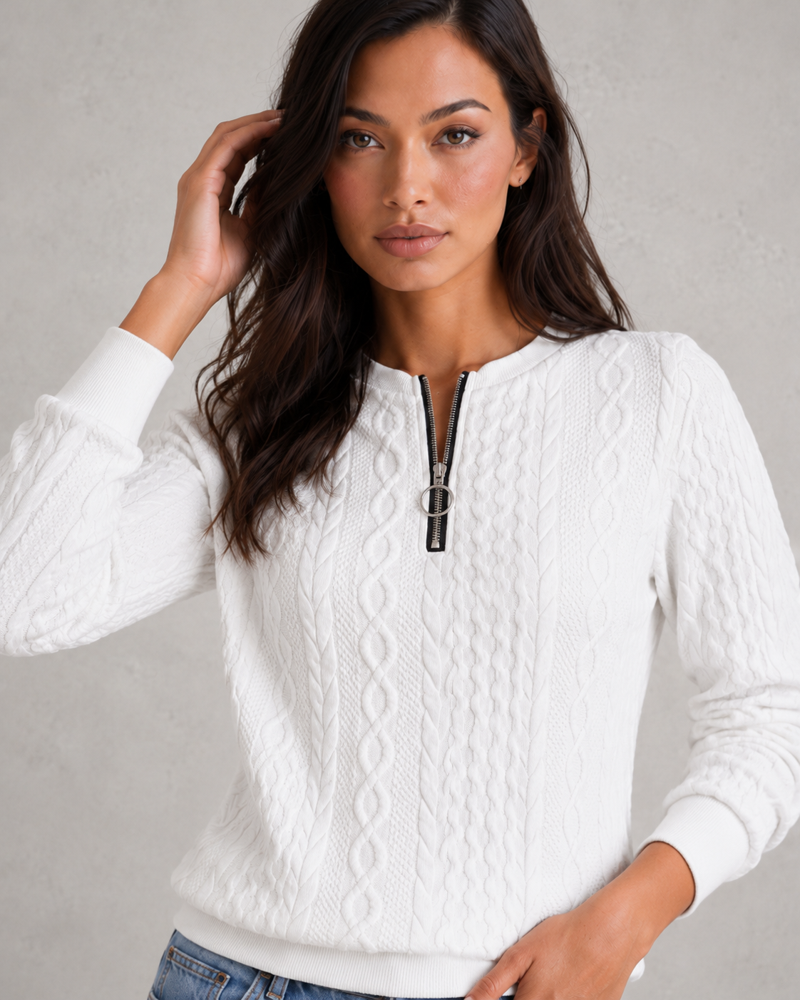 Women's cable knit zip-front sweater with a slim-fit silhouette, textured knit pattern and soft stretch fabric, ideal for layering in autumn and winter.