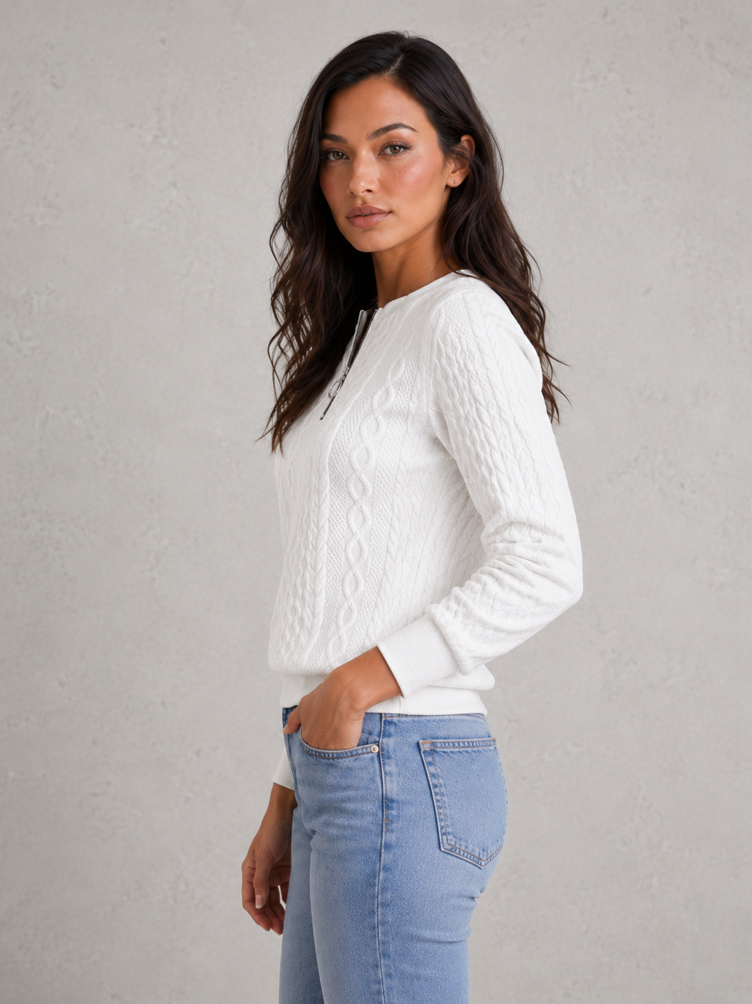 Women's cable knit zip-front sweater with a slim-fit silhouette, textured knit pattern and soft stretch fabric, ideal for layering in autumn and winter.