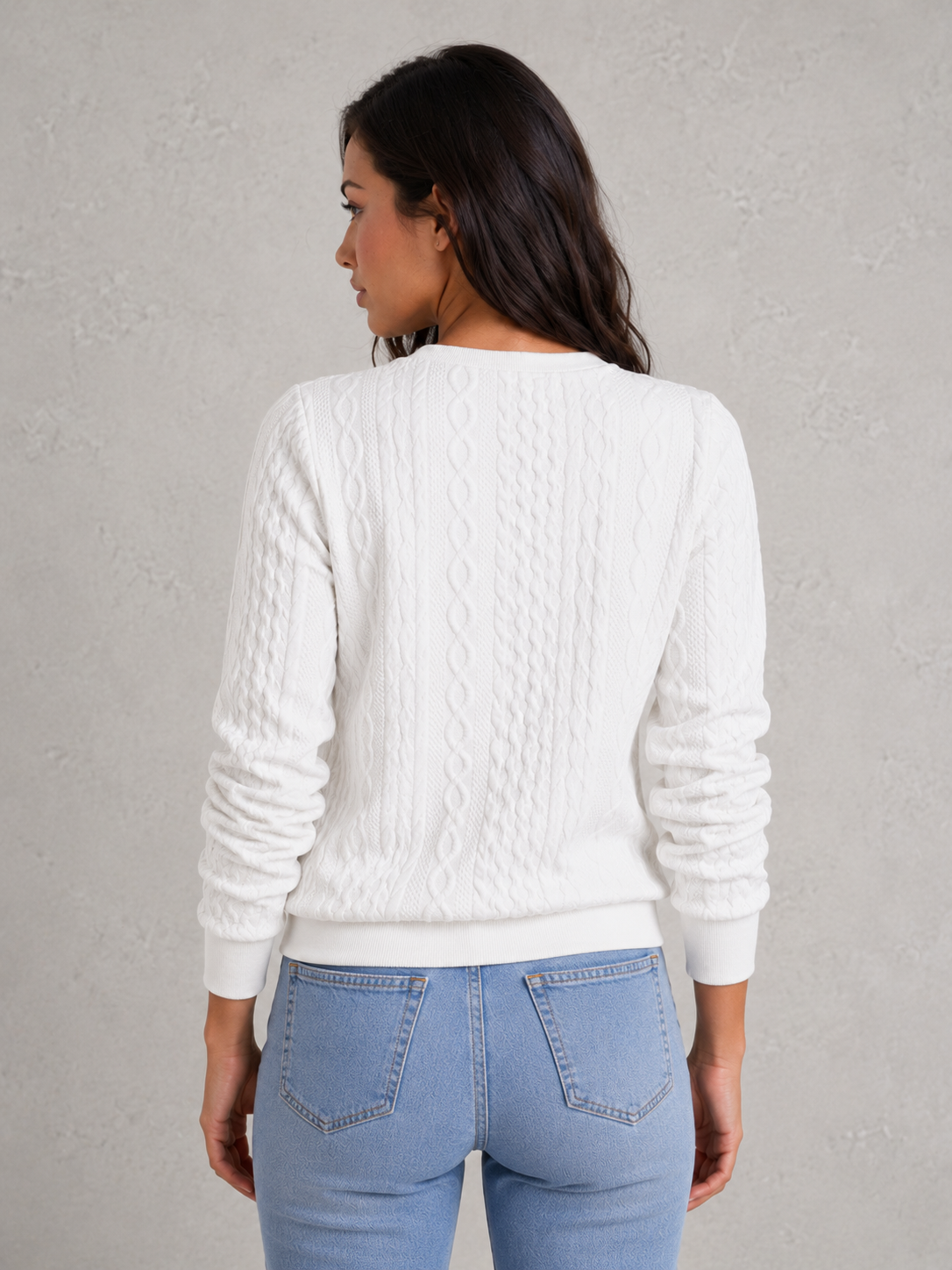Women's cable knit zip-front sweater with a slim-fit silhouette, textured knit pattern and soft stretch fabric, ideal for layering in autumn and winter.