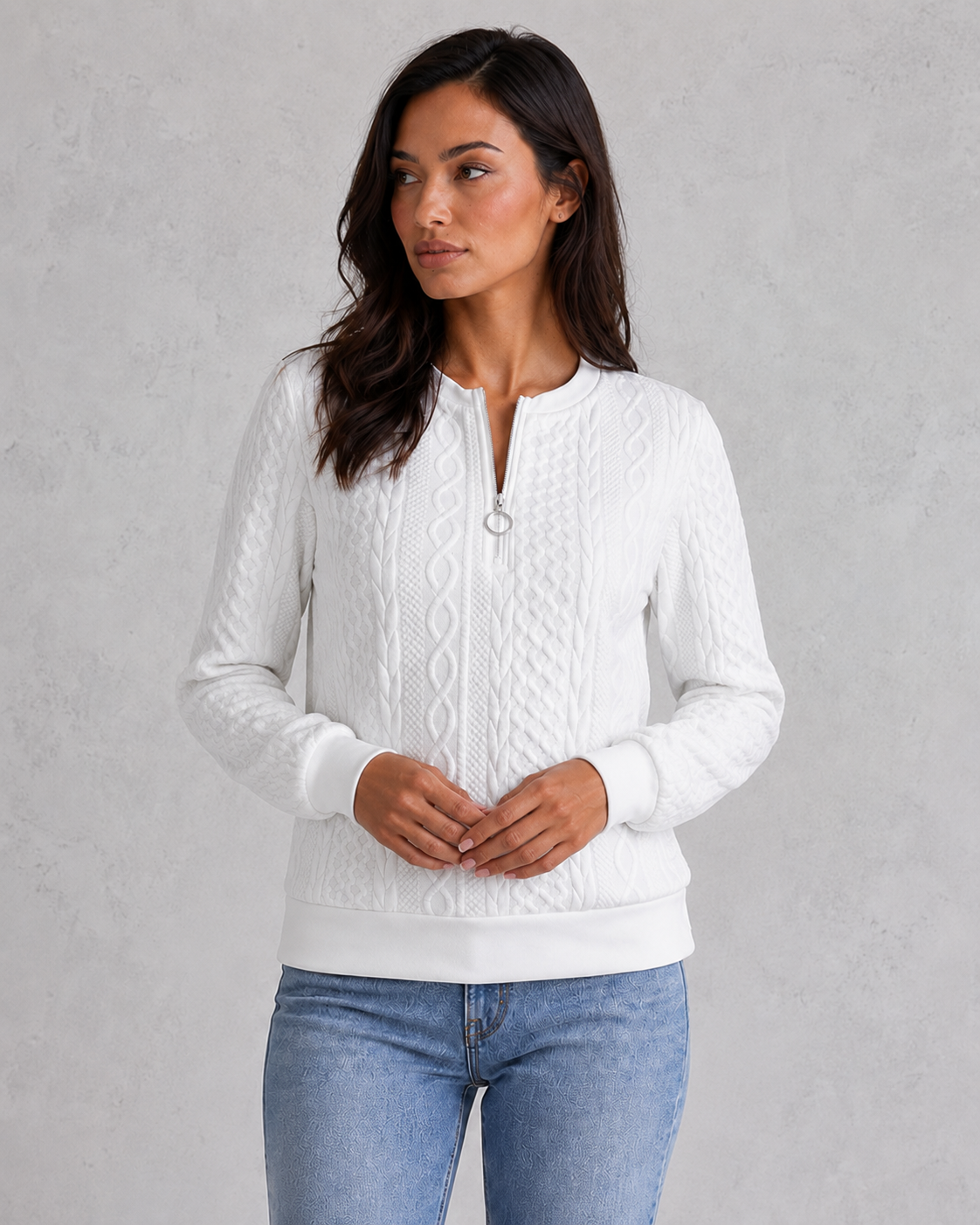 Women's cable knit zip-front sweater with a slim-fit silhouette, textured knit pattern and soft stretch fabric, ideal for layering in autumn and winter.