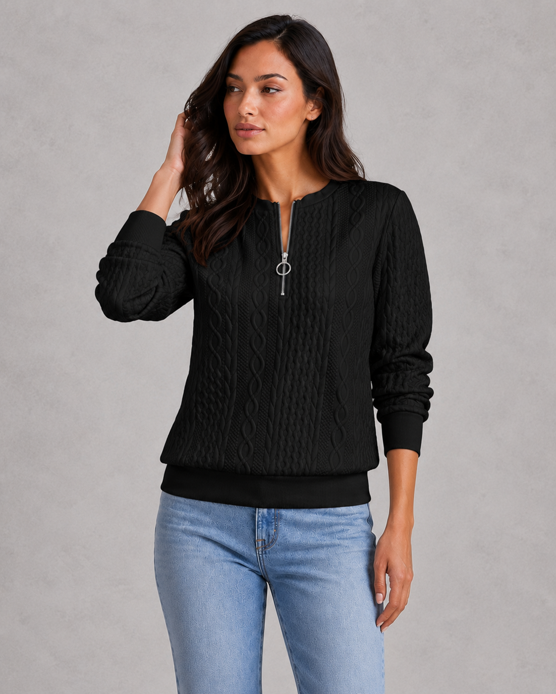 Women's cable knit zip-front sweater with a slim-fit silhouette, textured knit pattern and soft stretch fabric, ideal for layering in autumn and winter.