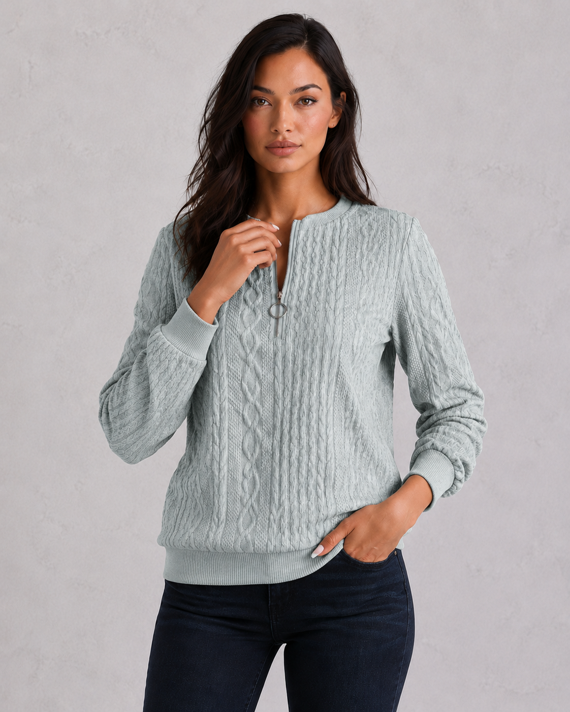 Women's cable knit zip-front sweater with a slim-fit silhouette, textured knit pattern and soft stretch fabric, ideal for layering in autumn and winter.