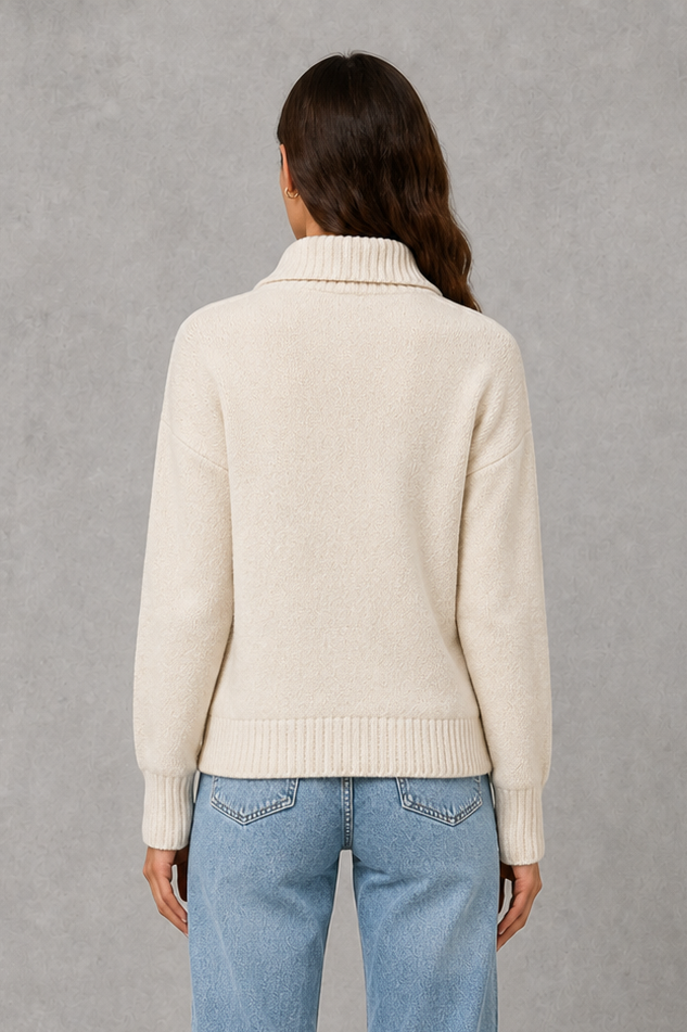 Women’s zip-up funnel neck cardigan with soft knit fabric, full front zipper, patch pockets, long sleeves, and ribbed cuffs and hem.