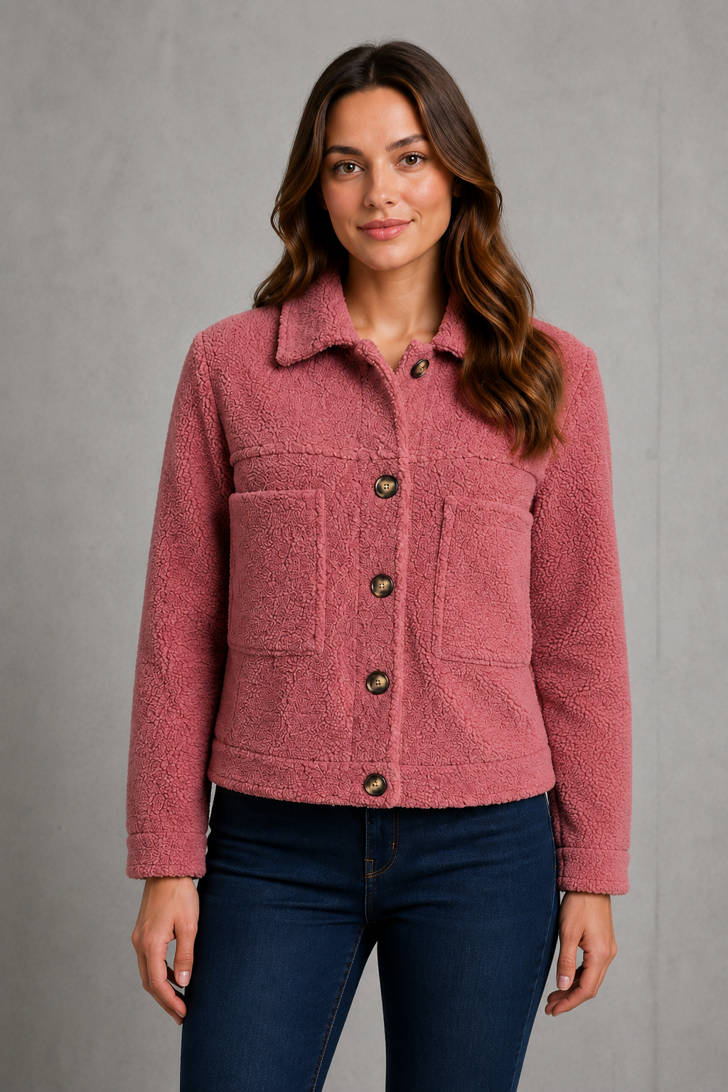 Women’s zip-up sherpa fleece jacket with soft teddy-style fabric, relaxed fit, long sleeves, full front zipper, and spacious side pockets.