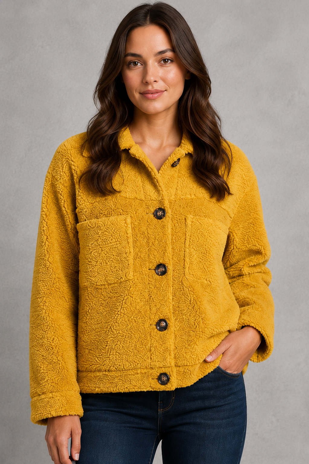 Women’s zip-up sherpa fleece jacket with soft teddy-style fabric, relaxed fit, long sleeves, full front zipper, and spacious side pockets.