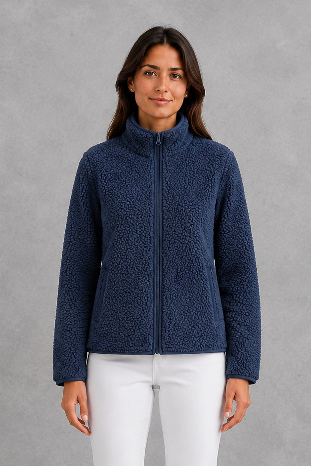 Women’s zip-up sherpa teddy jacket with a soft plush texture, relaxed silhouette and cozy fleece construction for everyday cold-weather layering.