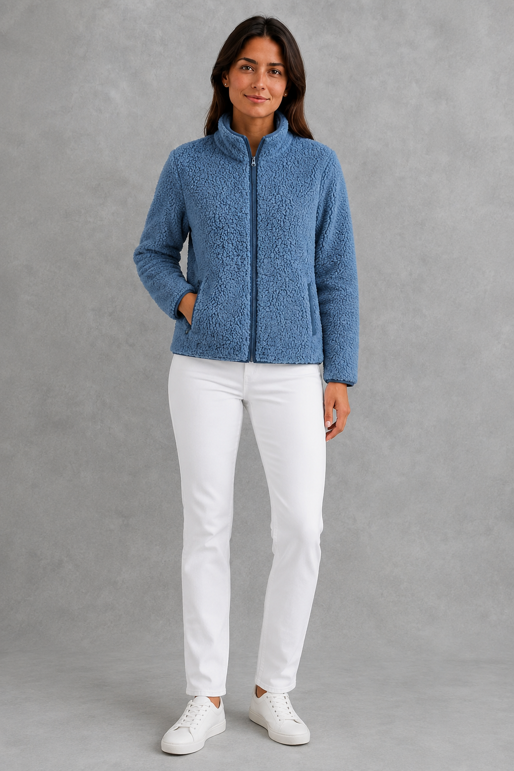 Women’s zip-up sherpa teddy jacket with a soft plush texture, relaxed silhouette and cozy fleece construction for everyday cold-weather layering.
