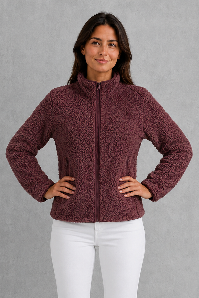 Women’s zip-up sherpa teddy jacket with a soft plush texture, relaxed silhouette and cozy fleece construction for everyday cold-weather layering.