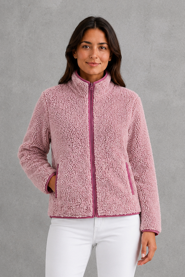 Women’s zip-up sherpa teddy jacket with a soft plush texture, relaxed silhouette and cozy fleece construction for everyday cold-weather layering.