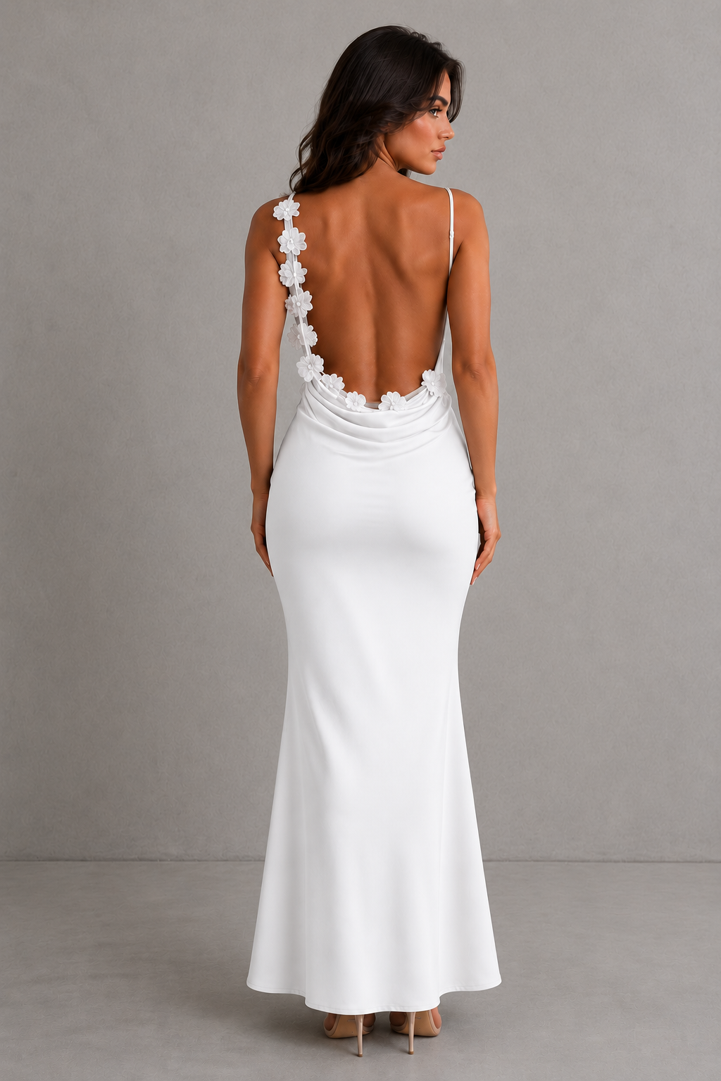 Women's satin maxi dress with delicate floral appliqué detailing, elegant flowing silhouette, and soft sheen finish, ideal for weddings, formal occasions, evening events, and special celebrations.