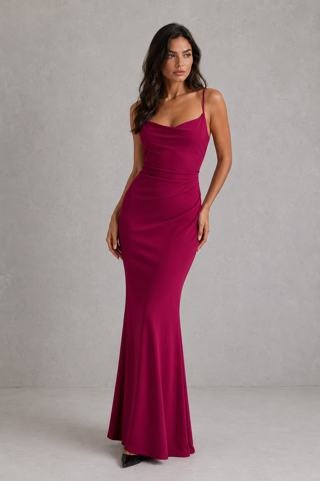 Women's satin maxi dress with delicate floral appliqué detailing, elegant flowing silhouette, and soft sheen finish, ideal for weddings, formal occasions, evening events, and special celebrations.