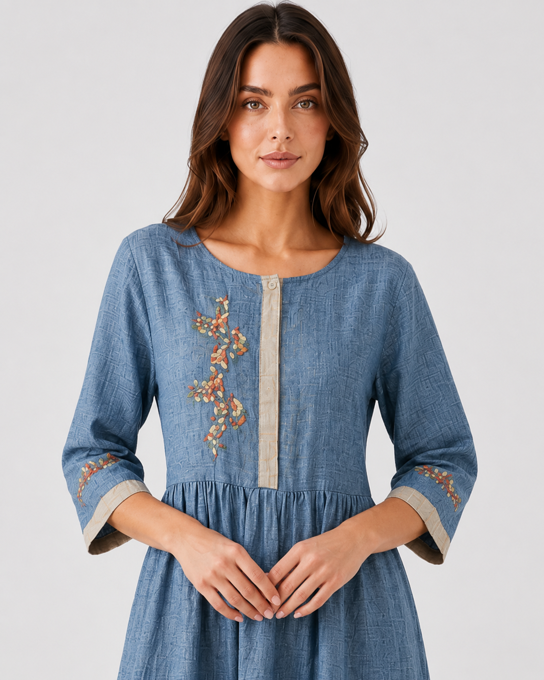 Shop the Klyne Studios Women's Embroidered Ethnic-Style Dress with elegant embroidery, half-length sleeves, and a relaxed flared fit. Lightweight and breathable, available in Blue, Yellow, White, and Green, sizes XS–3XL.