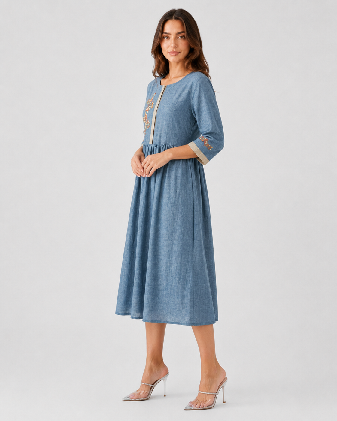 Shop the Klyne Studios Women's Embroidered Ethnic-Style Dress with elegant embroidery, half-length sleeves, and a relaxed flared fit. Lightweight and breathable, available in Blue, Yellow, White, and Green, sizes XS–3XL.