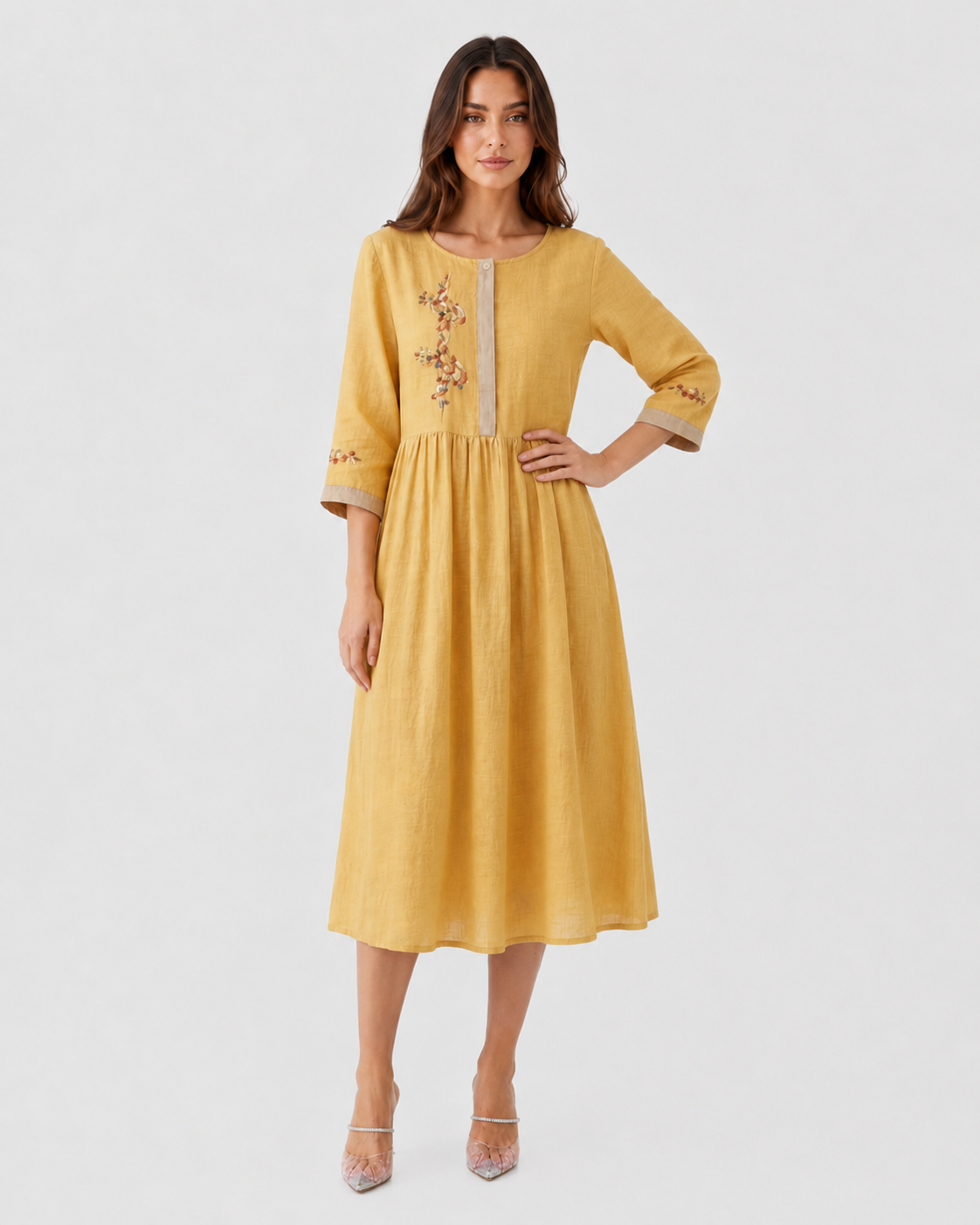 Shop the Klyne Studios Women's Embroidered Ethnic-Style Dress with elegant embroidery, half-length sleeves, and a relaxed flared fit. Lightweight and breathable, available in Blue, Yellow, White, and Green, sizes XS–3XL.
