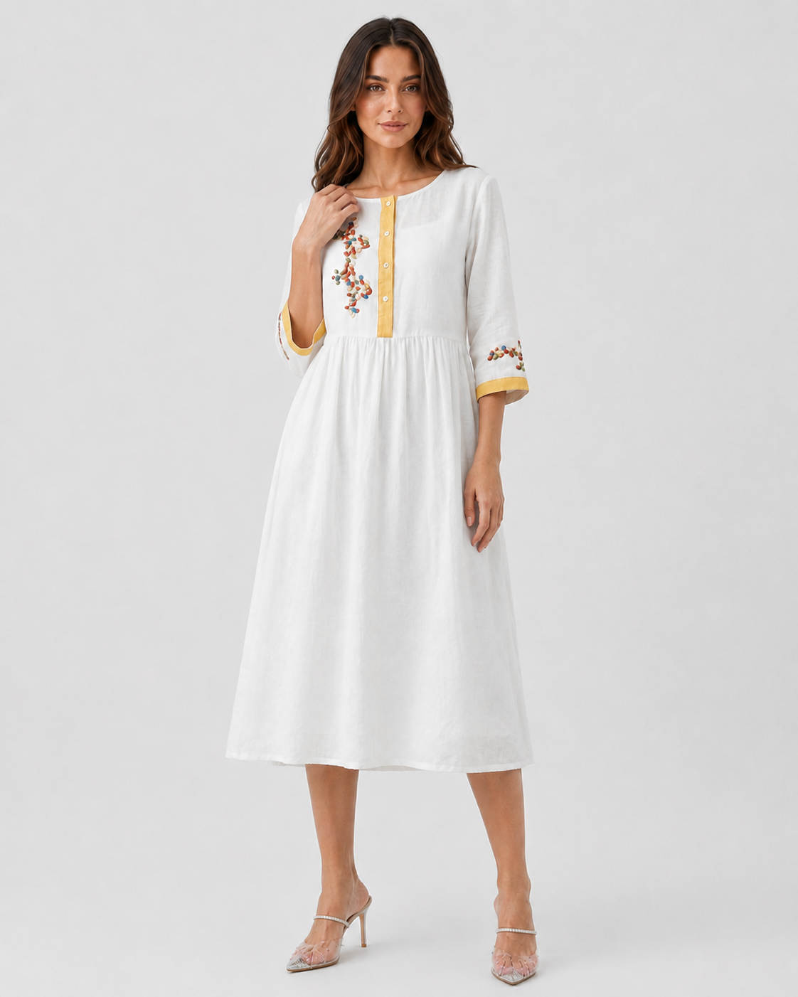 Shop the Klyne Studios Women's Embroidered Ethnic-Style Dress with elegant embroidery, half-length sleeves, and a relaxed flared fit. Lightweight and breathable, available in Blue, Yellow, White, and Green, sizes XS–3XL.