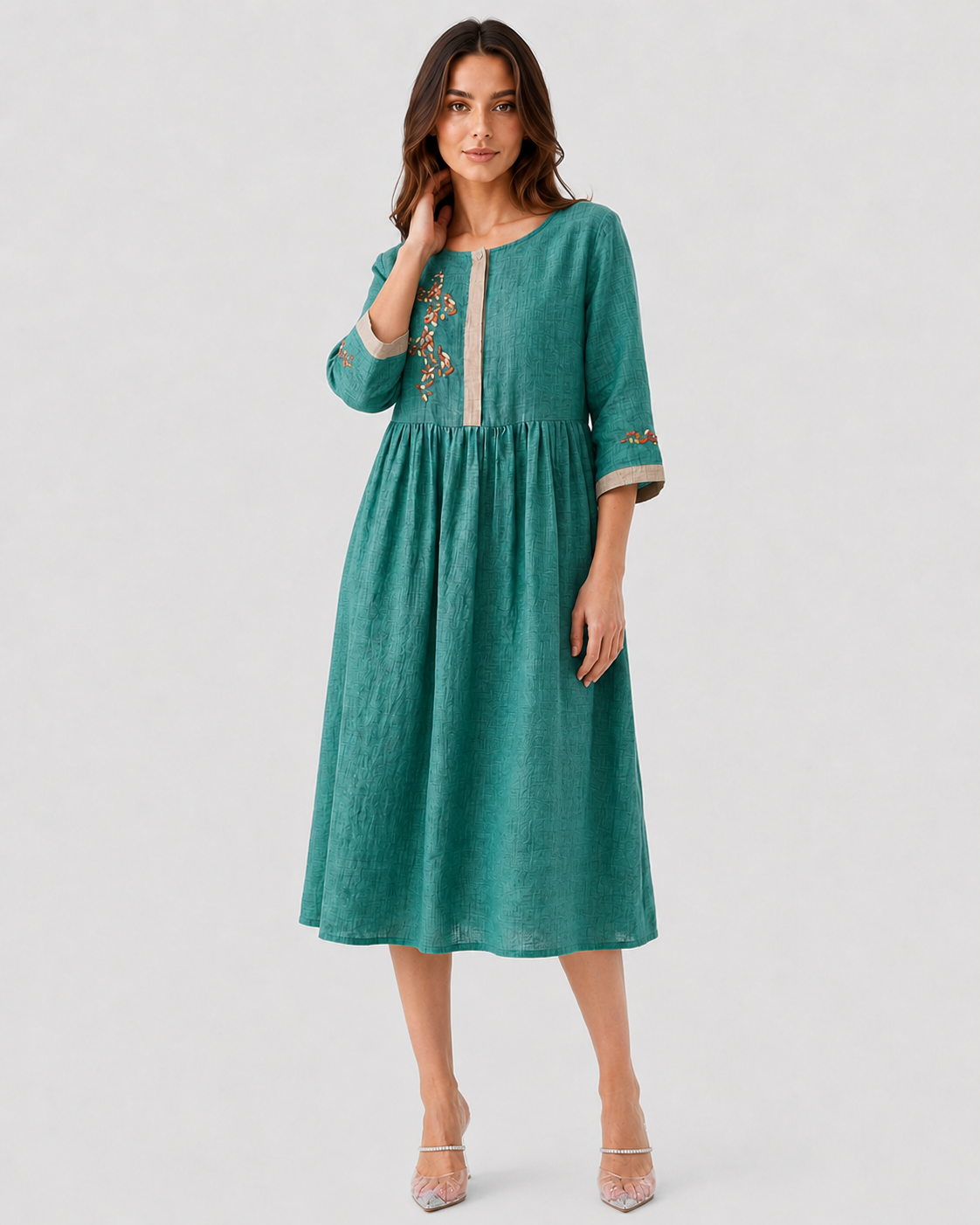 Shop the Klyne Studios Women's Embroidered Ethnic-Style Dress with elegant embroidery, half-length sleeves, and a relaxed flared fit. Lightweight and breathable, available in Blue, Yellow, White, and Green, sizes XS–3XL.