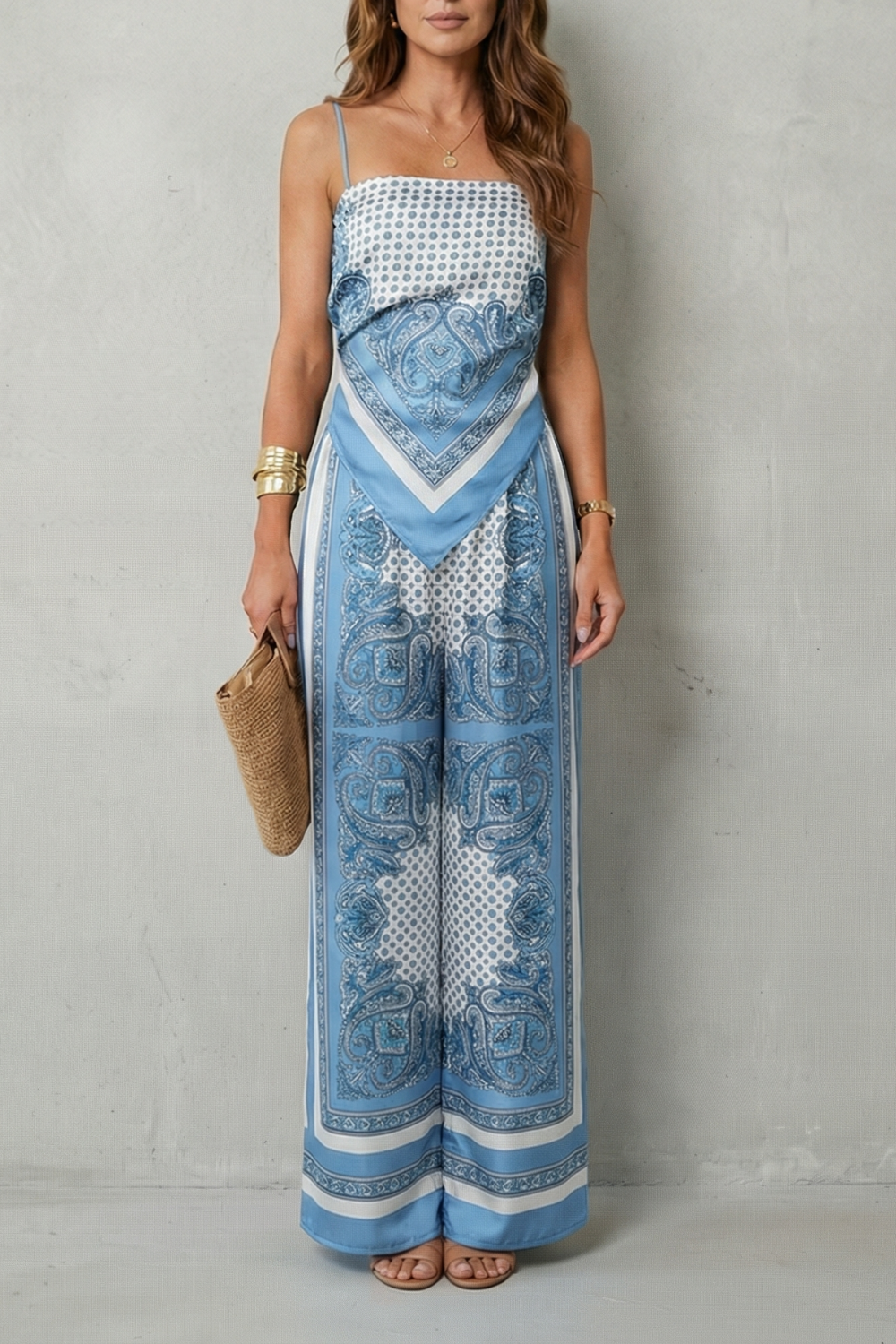 Printed pants set styled with heeled sandals and gold accessories