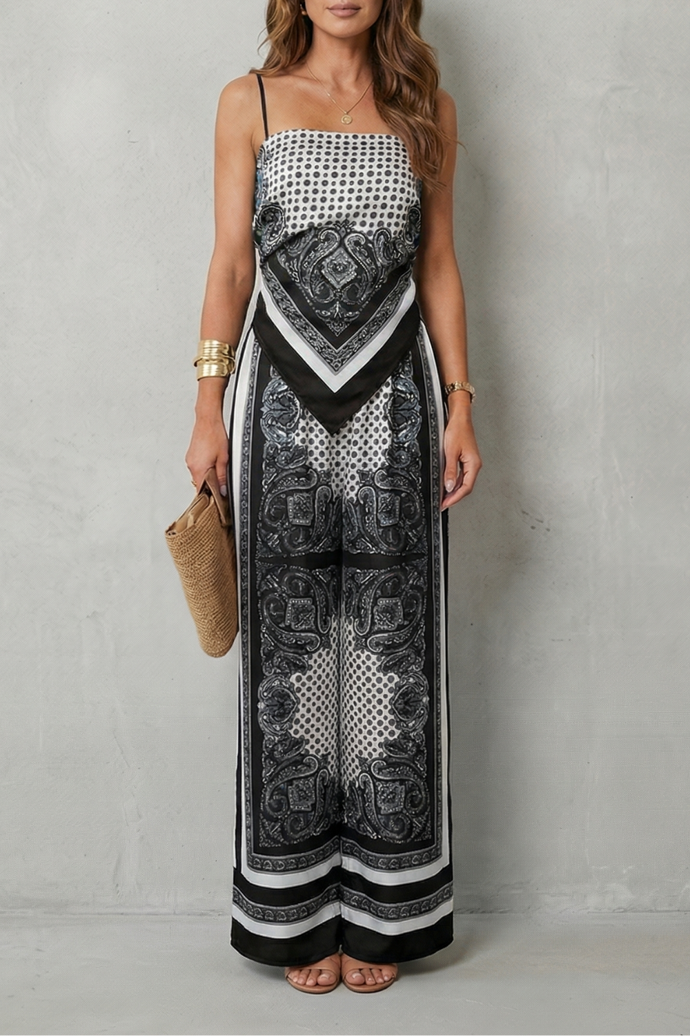 Black colorway of the printed top and wide-leg pants set, full-length view