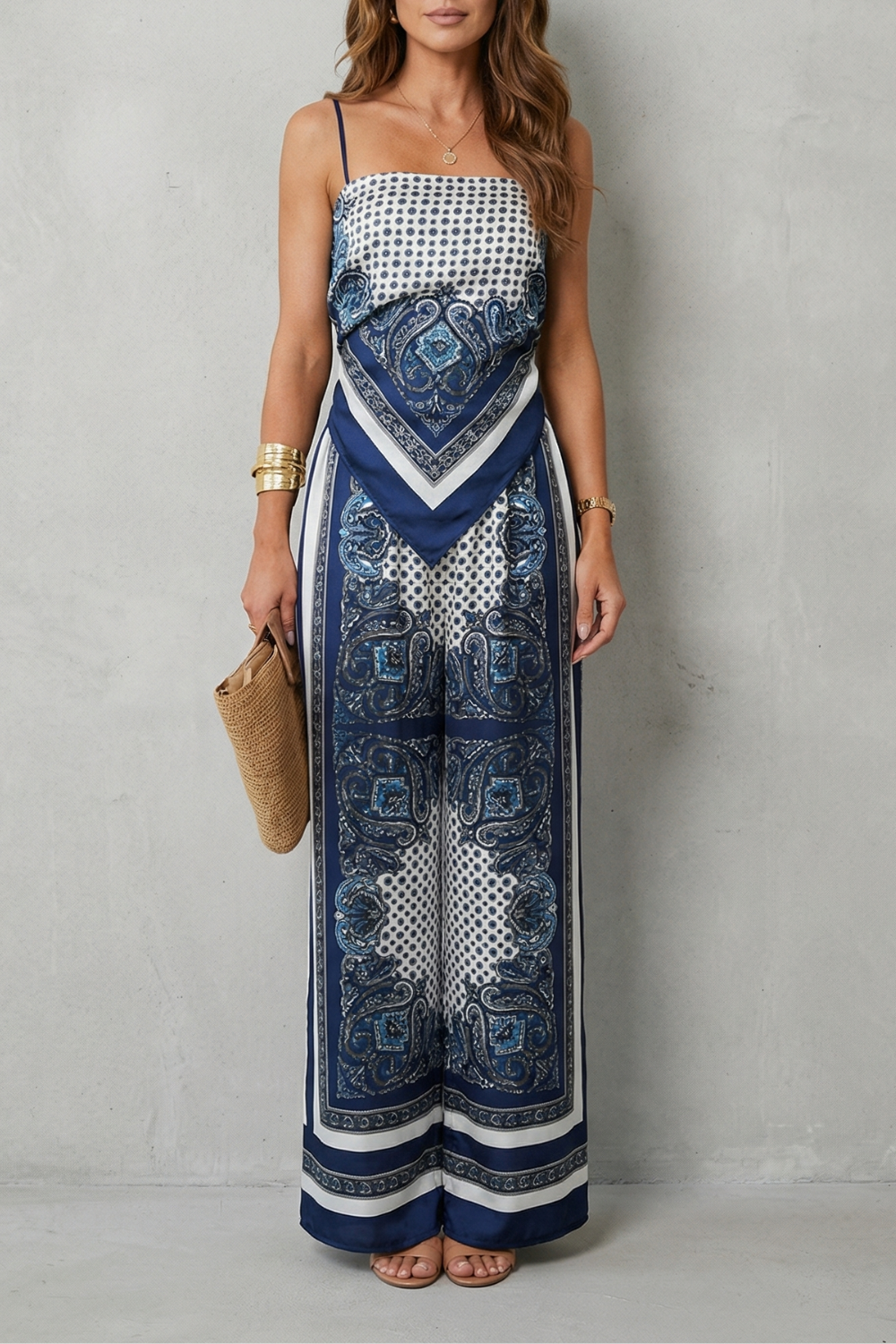 Women's printed strappy top and wide-leg pants set, front view