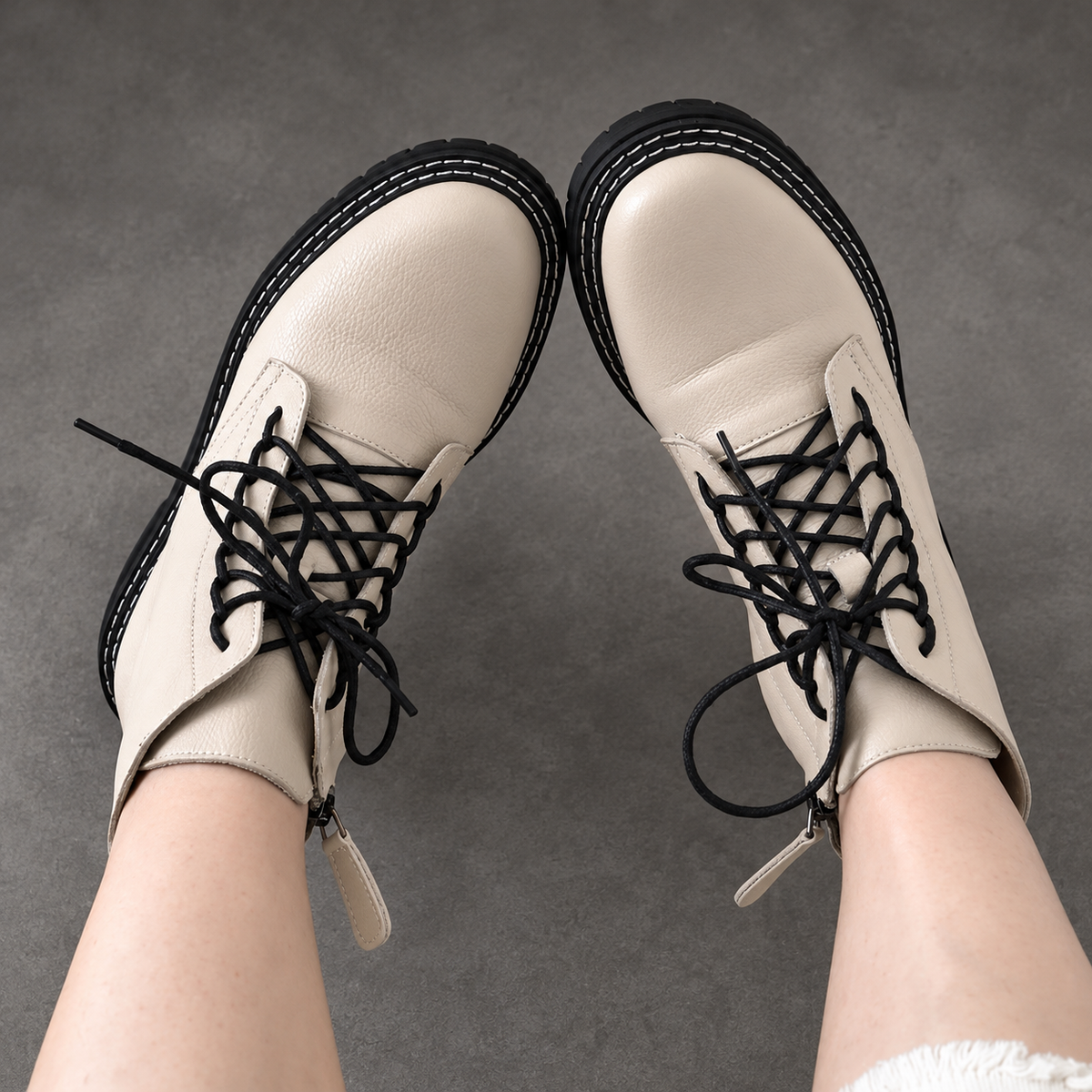 Women's Lace-Up Combat Ankle Boots – Beige