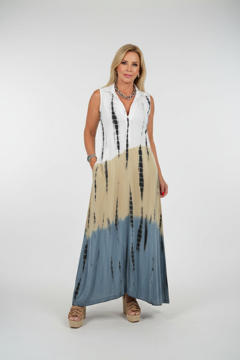 Colorful batik V-neck lapel collar summer dress for women. Lightweight, breathable, and stylish relaxed-fit outfit perfect for casual and warm-weather occasions.