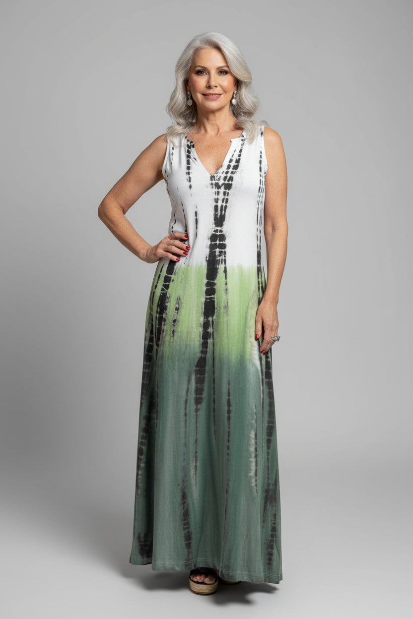 Colorful batik V-neck lapel collar summer dress for women. Lightweight, breathable, and stylish relaxed-fit outfit perfect for casual and warm-weather occasions.