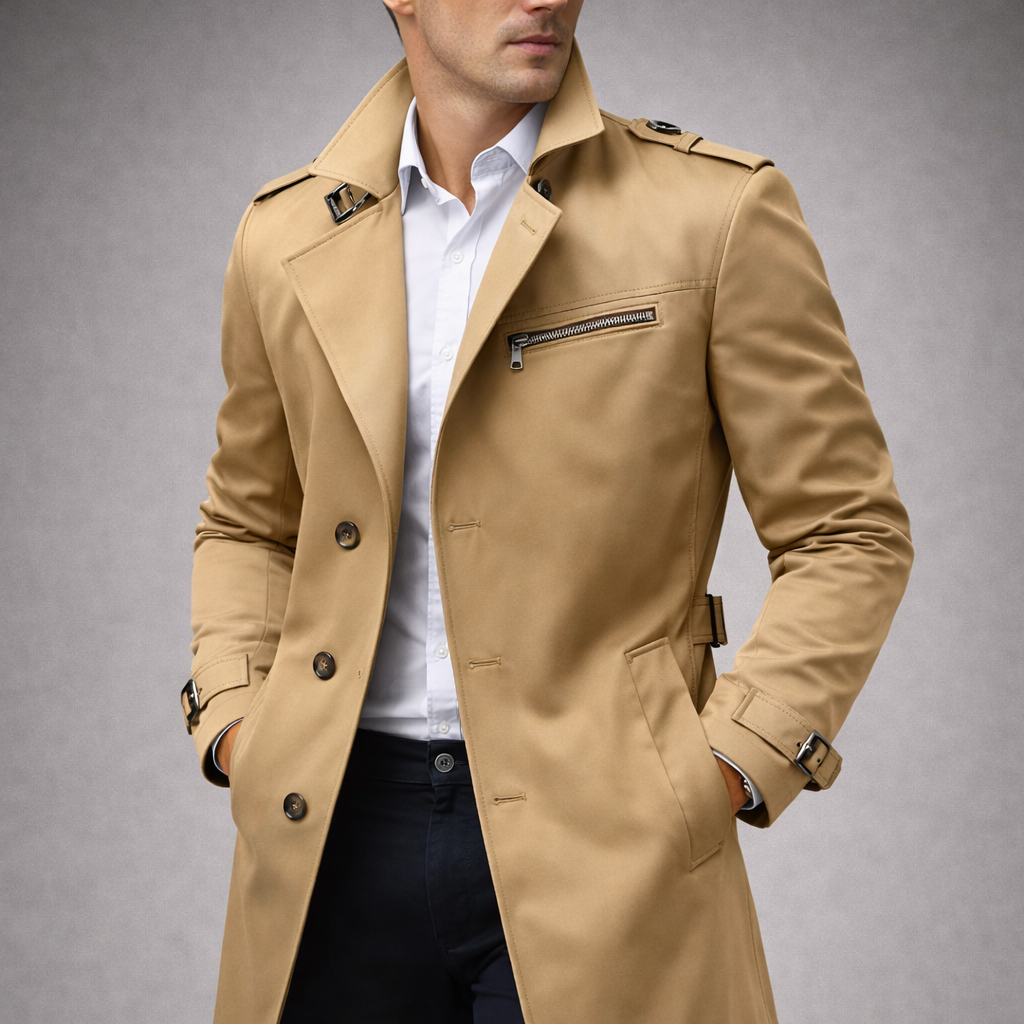 Man wearing a beige trench coat over a white shirt on a gray background
